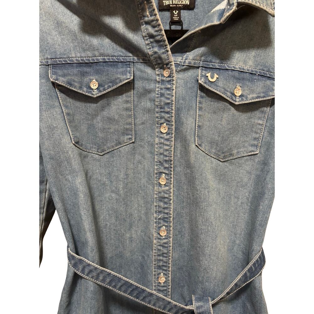True Religion Denim Shirt Dress Belted Western Mini Size Small - Picture 5 of 7